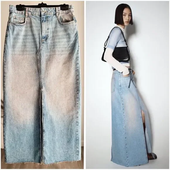 ZARA Z1975 PINK WASHED SLIT DENIM SKIRT - Picture 1 of 13